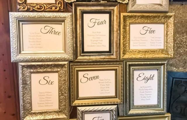 collection of frames attached to create elegant seating chart displayed
