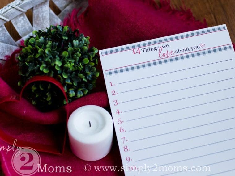 Tell the people you love what makes them special to you with this free Valentines printable. This printable is a great alternative to expensive Valentines Day cards! Download yours today from www.simply2moms.com | #freeValentinesprintable #giftidea #Hallmarkalternative #inexpensivegiftidea #meaningfulValentines #personalValentines #personalizedValentines #thingsIloveaboutyou #Valentines #Valentinescardalternative #ValentinesDay #Valentinesgift #Valentinesprintable