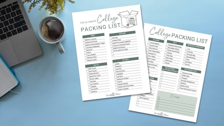 college packing list printable flatlay
