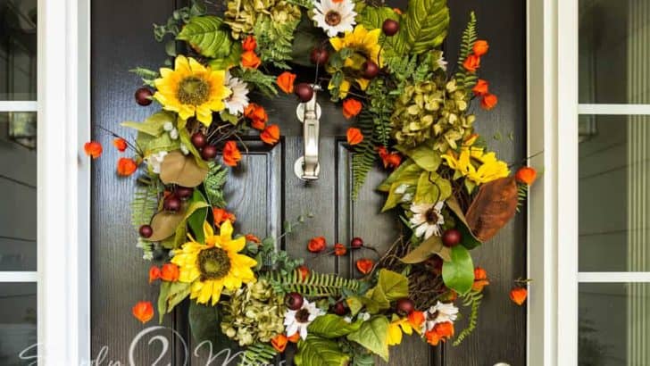 fall floral wreath with sunflowers and greenery hanging on door