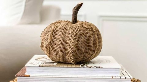burlap pumpkin on stack of books