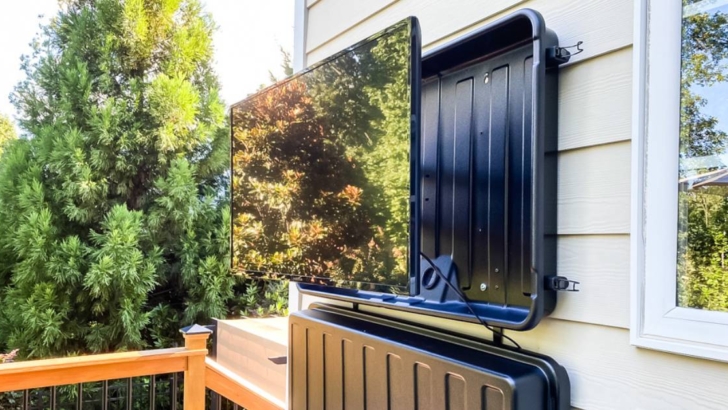 TV hung inside outdoor enclosure on back of house