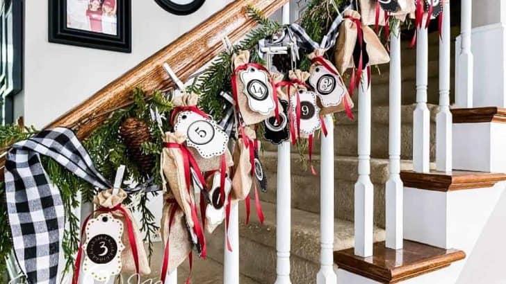 Small burlap bags with black and white numbered tags tied with red ribbons at the tops attached to garland of greenery with small clothespins hanging on a stair rail.