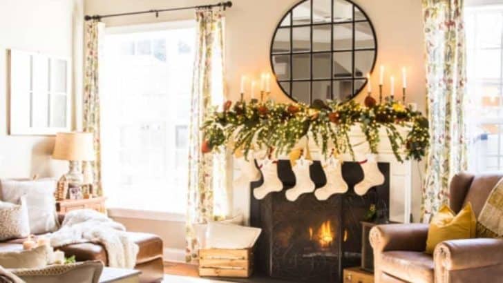 Gas fireplace with white wood surround decorated for Christmas with natural garland and cream stockings.