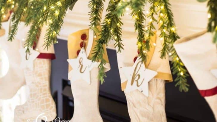 stockings hanging on a fireplace with DIY star shaped stocking name tags