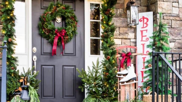 front porch styled for Christmas with DIY bows on wreath and antique sled
