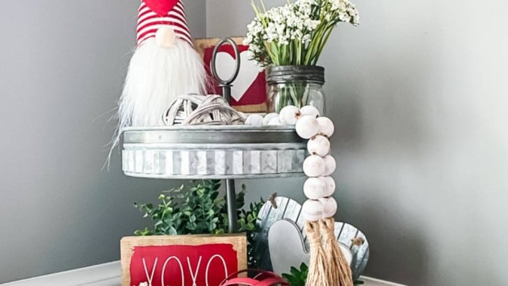 galvanized tray decorated for Valentine's day