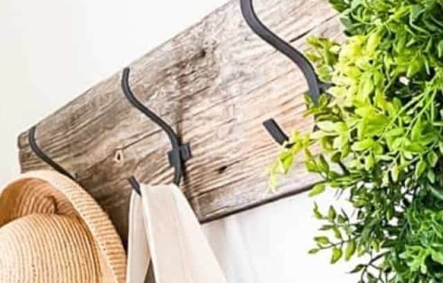 close up of diy barn wood coat rack feature photo