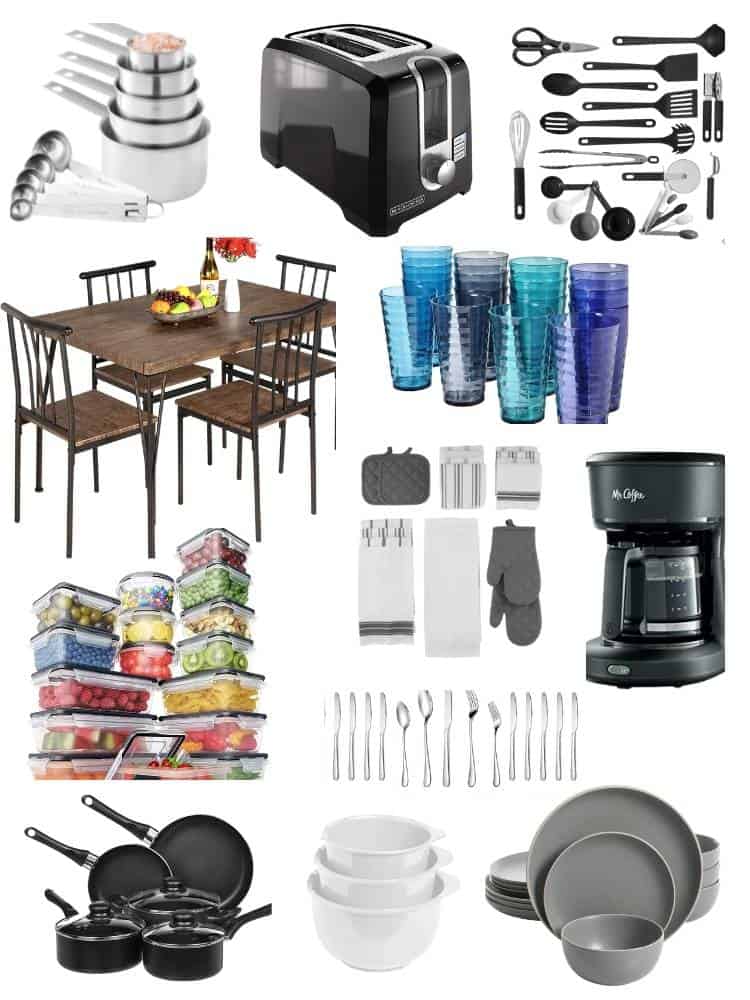 collage of items to shop for a first college apartment kitchen