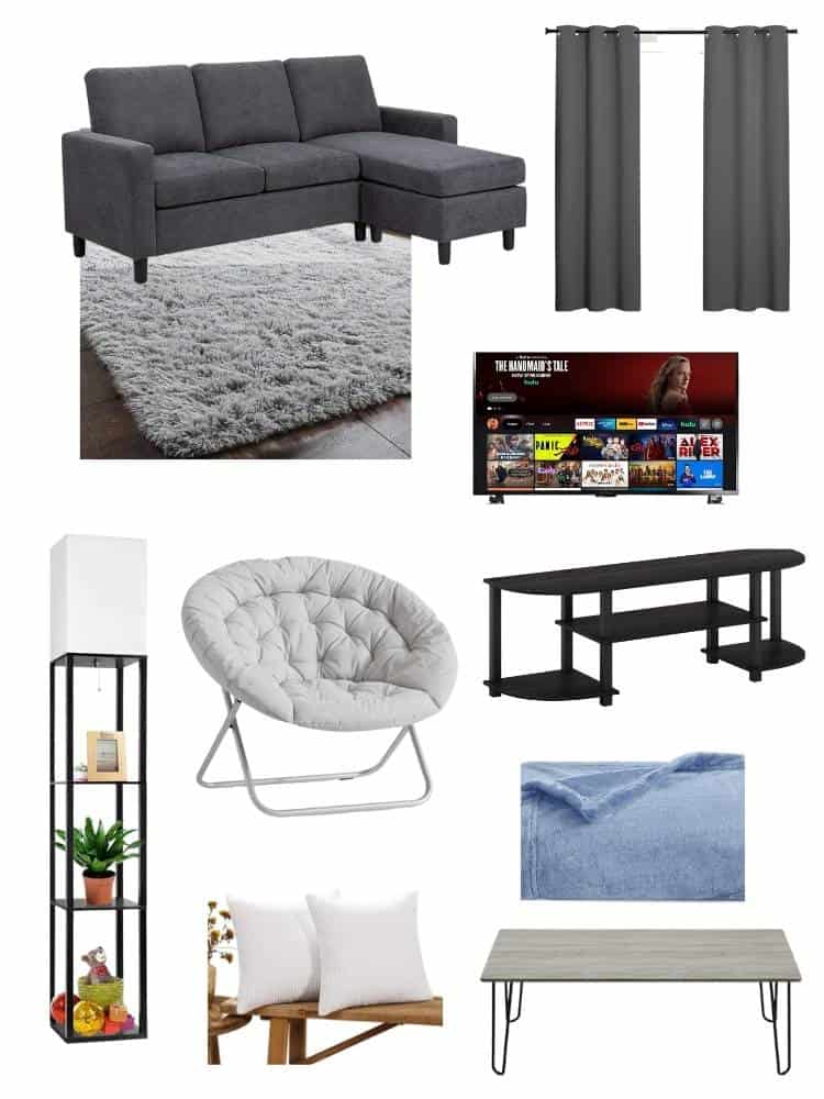collage of products for 1st college living room