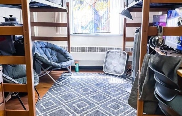 college dorm room with window on far wall and lofted beds on either side of room with area rug in middle