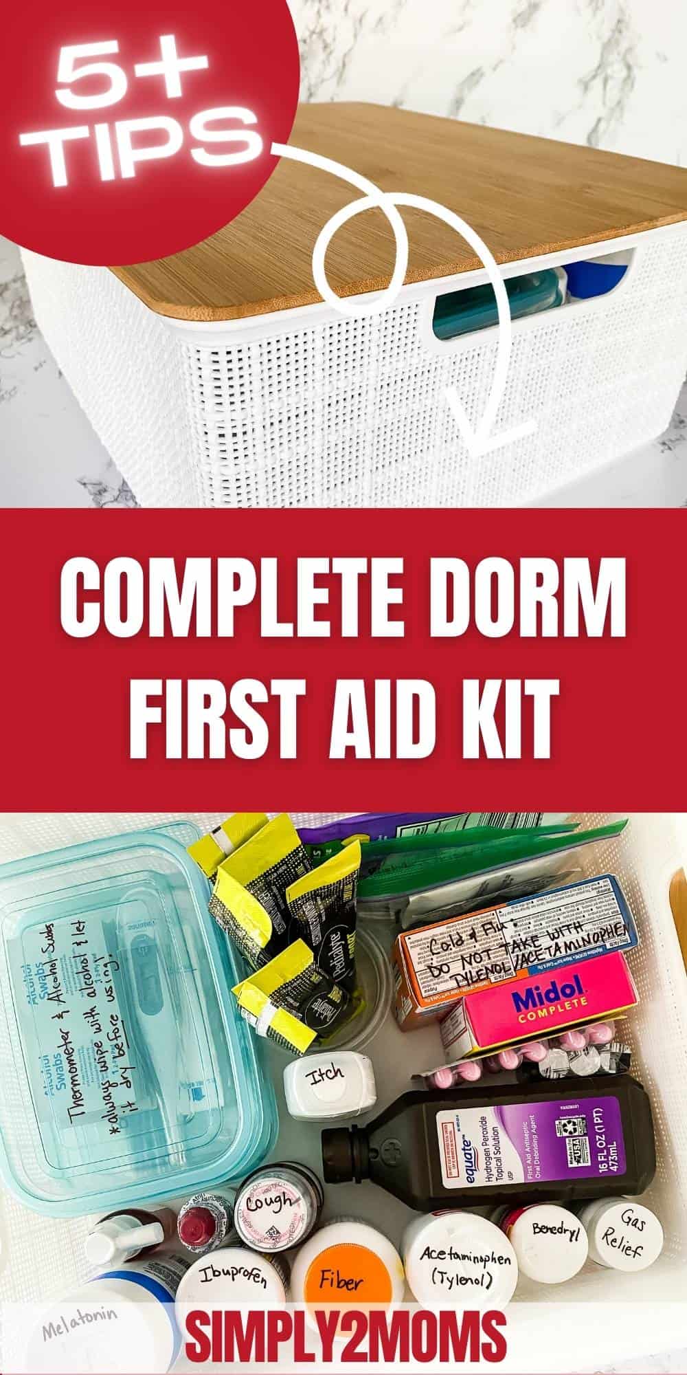 Pinterest graphic for complete college dorm first aid kit