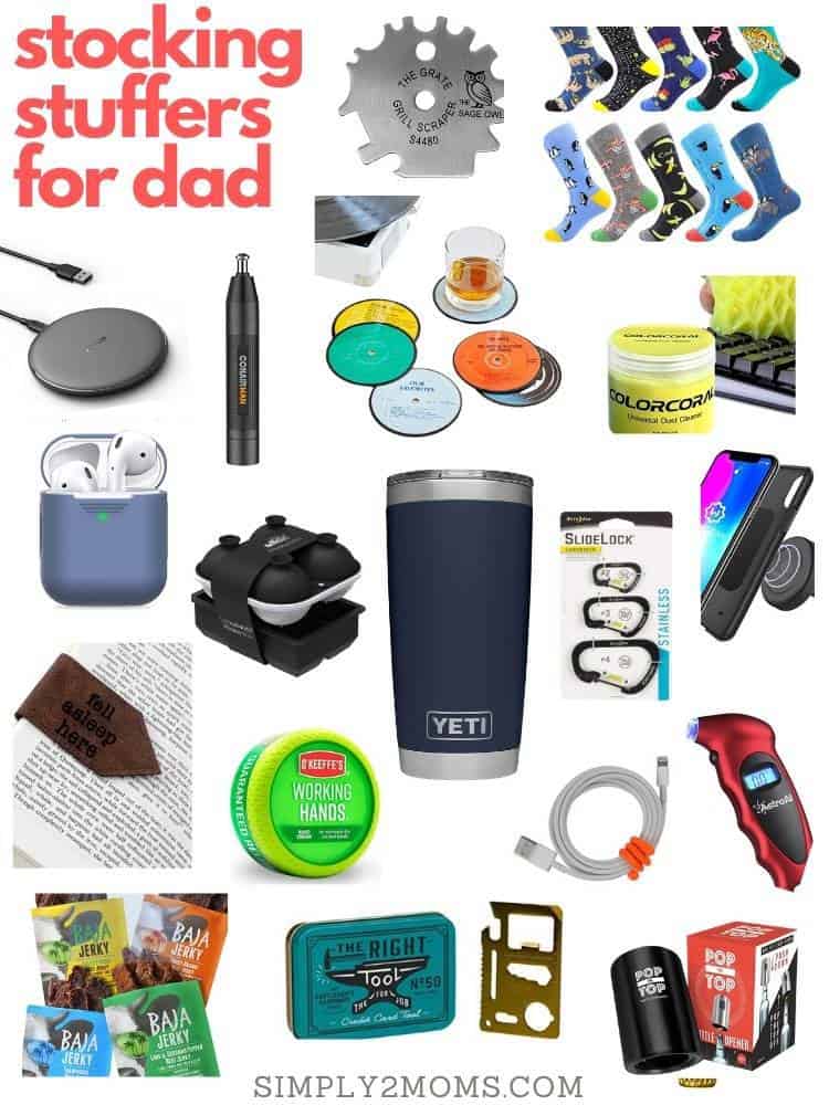collage of 18 product images showing ideas for stocking stuffers for dads