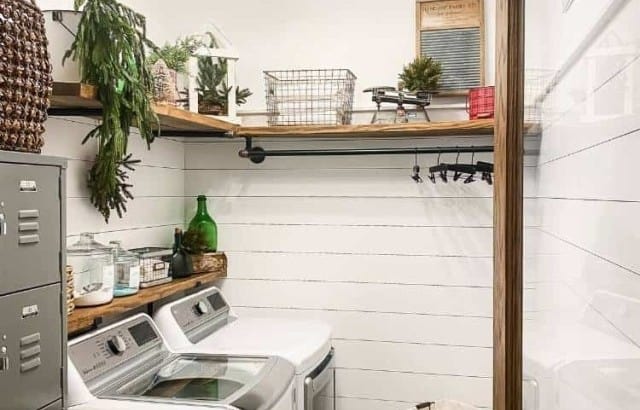 view of laundry room decorated for Christmas