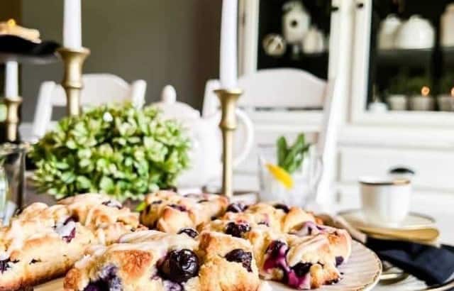 cake stand filled with homemade blueberry scones