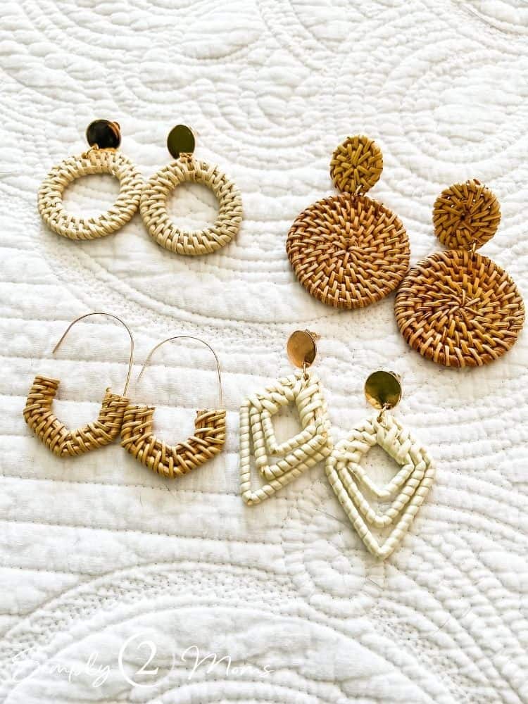 Four different styles of rattan earrings for pierced ears in a variety of rattan colors.