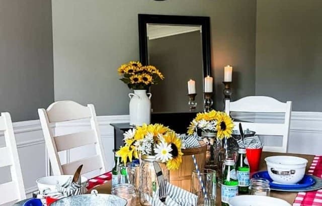 dining room table styled for low country boil party