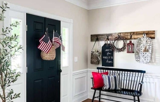 foyer decorated for summer patriotic theme