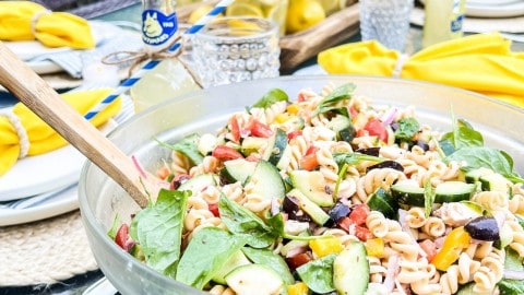 Bowl filled with a low fat Greek pasta salad with lots of fresh vegetables