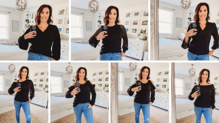 AnnMarie blogger modeling black tops from Amazon collage of seven photos