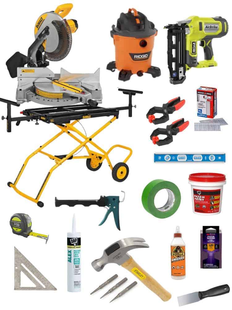 Collage of tools and supplies used to install custom door headers over interior doors.