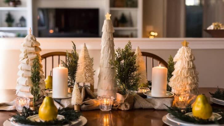 diy neutral burlap trees in middle of dining table