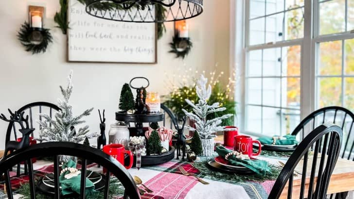 kitchen decorated for holidays with table in classic plaids and hot cocoa station tray