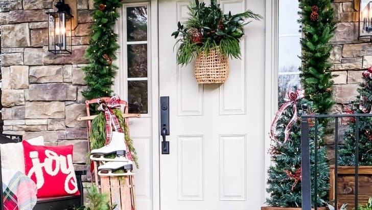 front porch decorated for Christmas