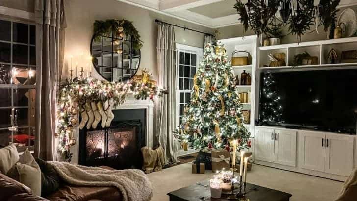 Elegant family room with fireplace and large built in wall unit decorated for Christmas.