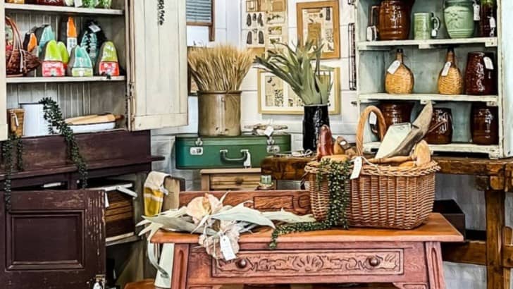 Table with a basket filled with antiques in front of a display of vintage pottery in an antique store.