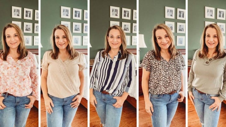 Collage of a woman wearing five different spring blouses.