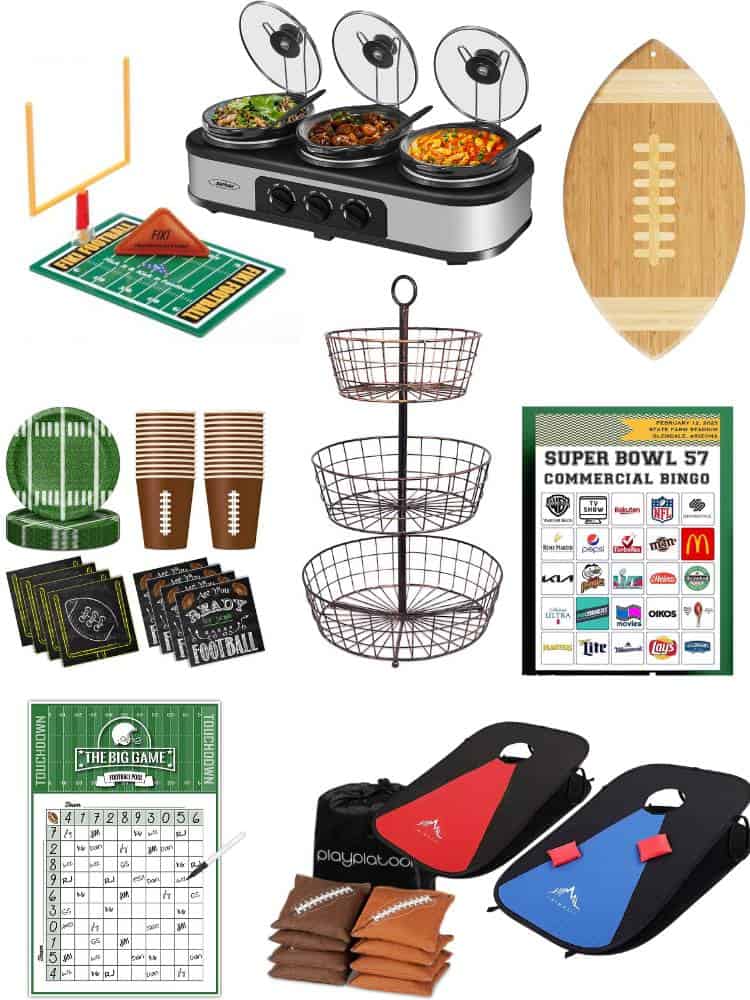 Collage of products recommended to have for a Super Bowl watch party.