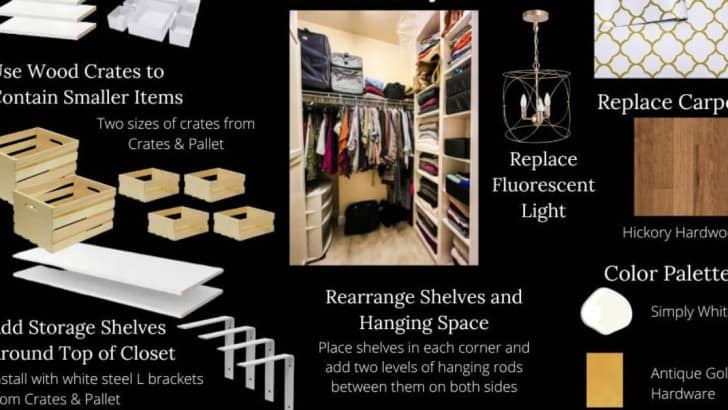 Mood board with plans to update a small walk-in closet and give it an elegant look.