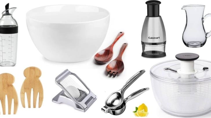 Collage of our favorite essential products for prepping and serving salads.