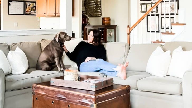 feature photo of blogger sitting on couch next to dog with neutral throw pillows