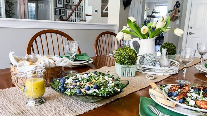 Table set for spring luncheon with blueberry lemon salad.