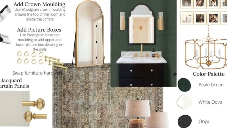 Mood board with design plans to update a primary bedroom with dark green walls, gold accents, and area rug.