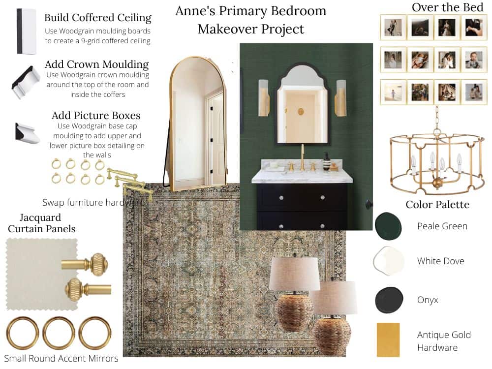 Mood board with design plans to update a master bedroom with dark green walls, gold accents, and area rug.