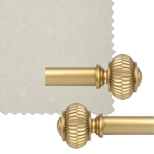 Linen jacquard fabric swatch with gold curtain rods.