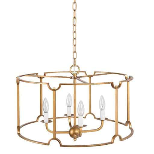 Gold drum chandelier with four candles.