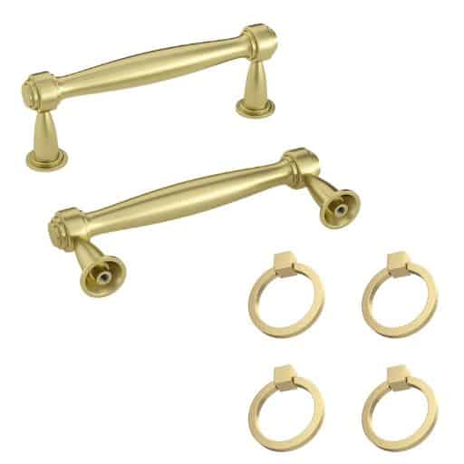 Gold drawer handles and round gold cabinet pulls.