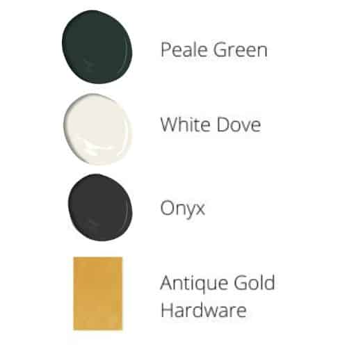 Paint swatches for Benjamin Moore Peale Green, White Dove, and Onyx with antique gold hardware.