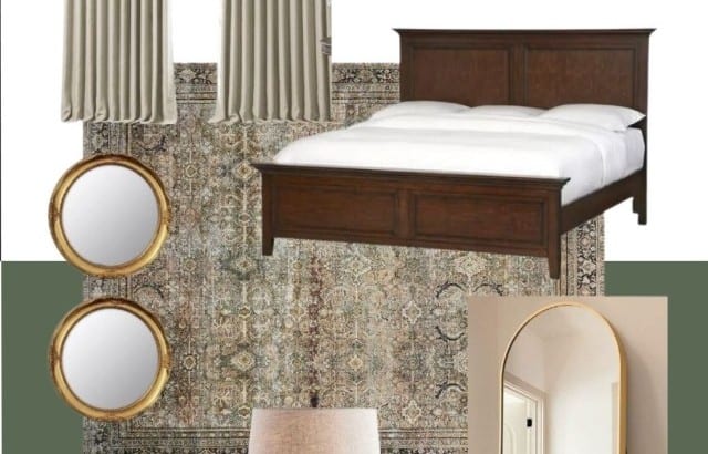 Mood Board to design a luxe feeling main bedroom on a budget.