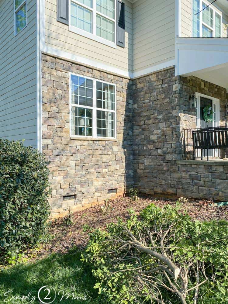 shrubs cut down laying in grass in front of house