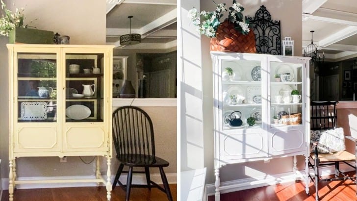Side by side comparison of a vintage china cabinet with glass doors before and after painting it with white chalk paint.