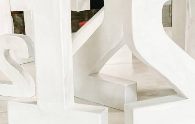 Paper mache numbers in two sizes covered with gesso.