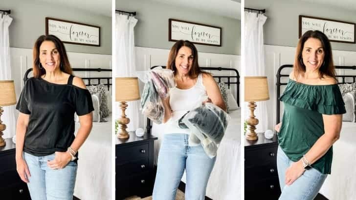 collage of three images of AnnMarie trying on shirts from Amazon