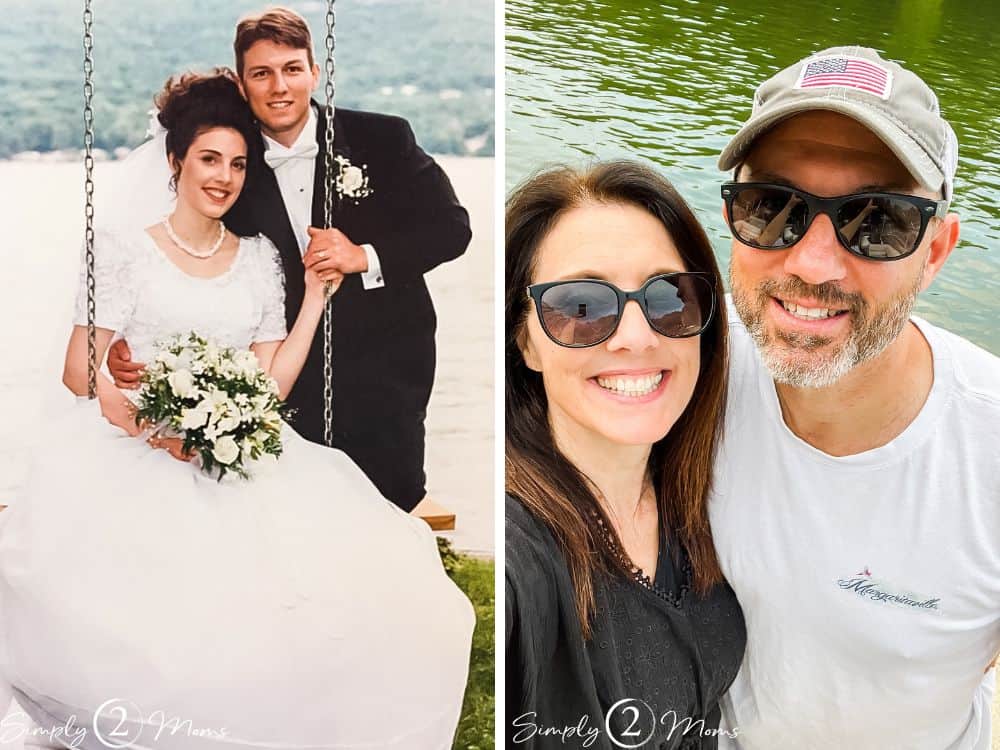 side by side comparison photos of AnnMarie and Chris on wedding day and now