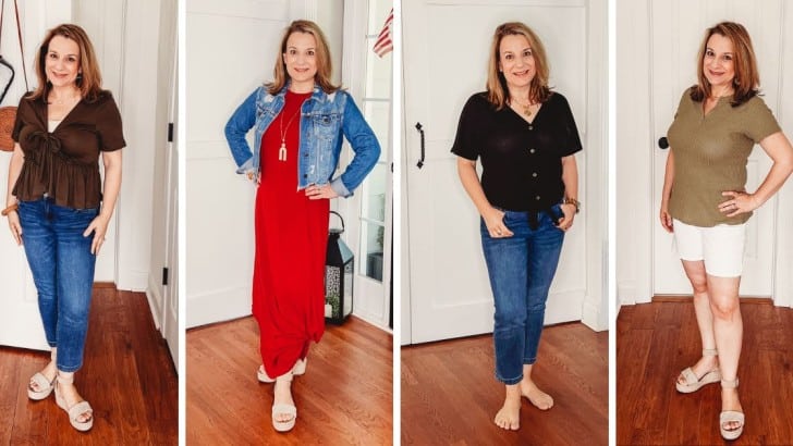 Anne from Simply2Moms wearing four different casual summer outfits.