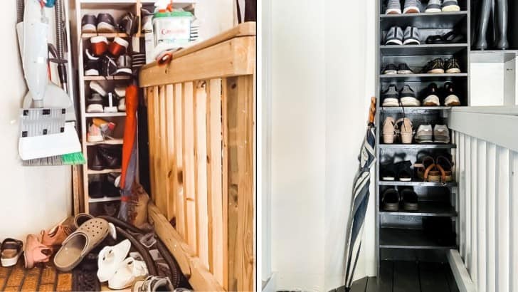 Side by side comparison of DIY shoe shelving on a wall in a garage before and after rebuilding the shelves.